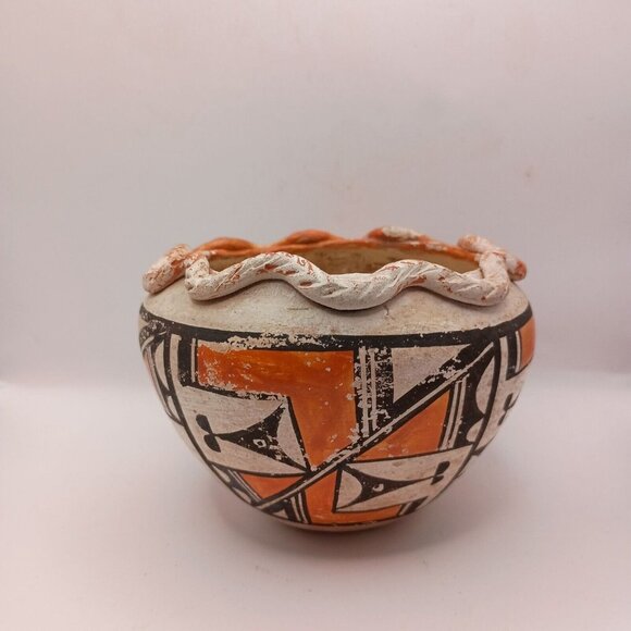 Old Vintage Acoma Pueblo Polychrome Pottery Bowl Olla Pie Crust Rim 3" x 4.5" - Picture 10 of 12